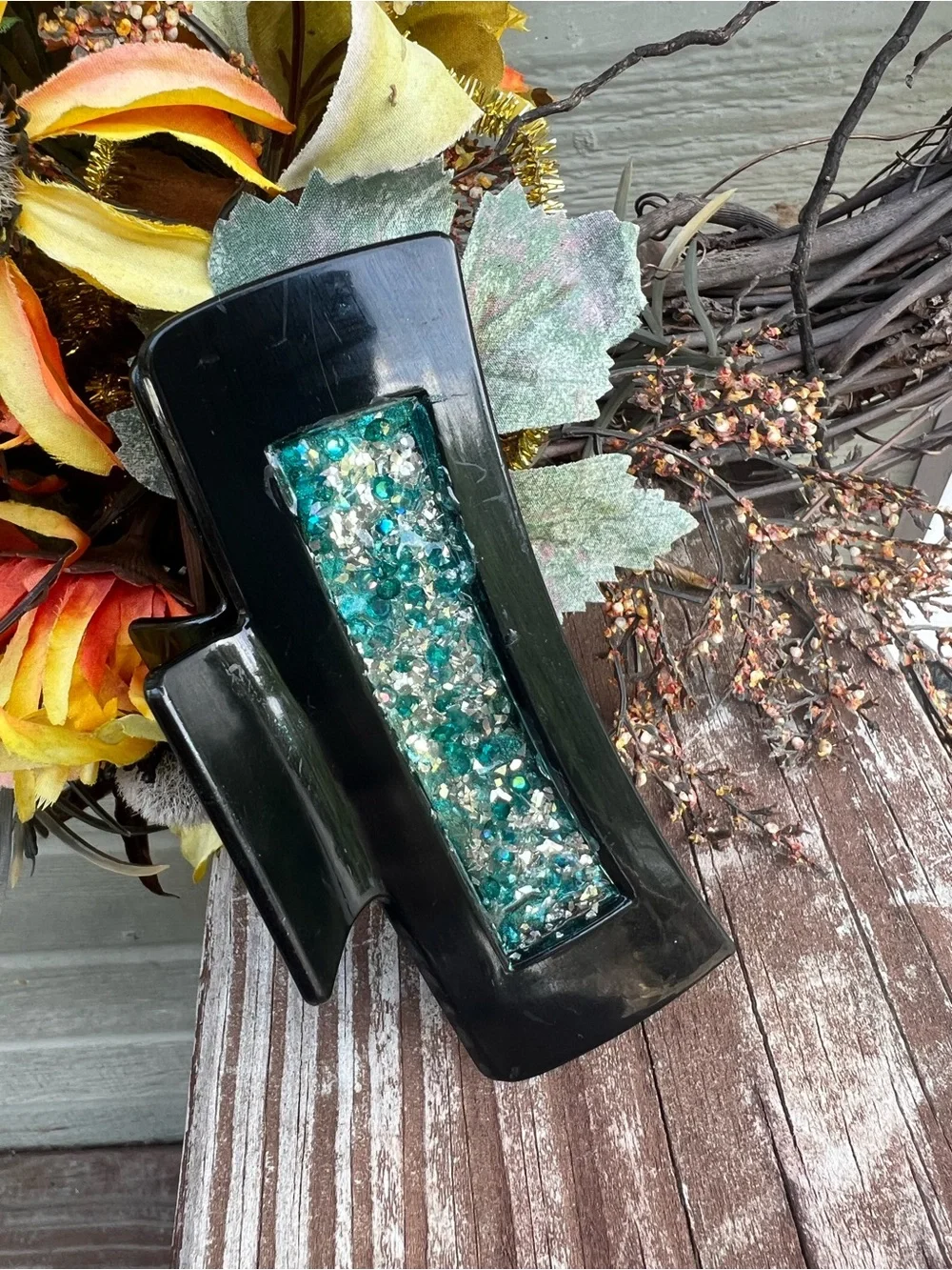 Black Hair Claw Clip with Teal Decorative Inlay